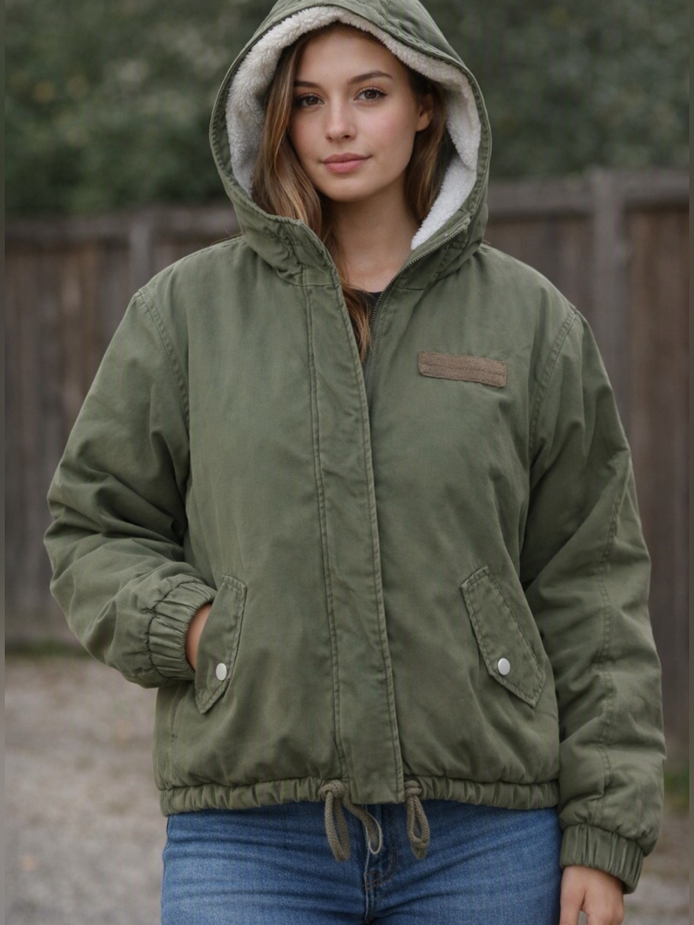 Garage Green Plush Lined Jacket Women’s Small Y2K Casual Cotton Cabincore Coat